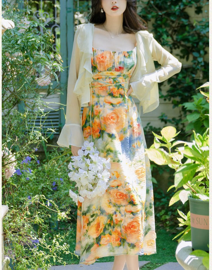 Summer Garden 2-Piece Floral Print Cottagecore Dress Set