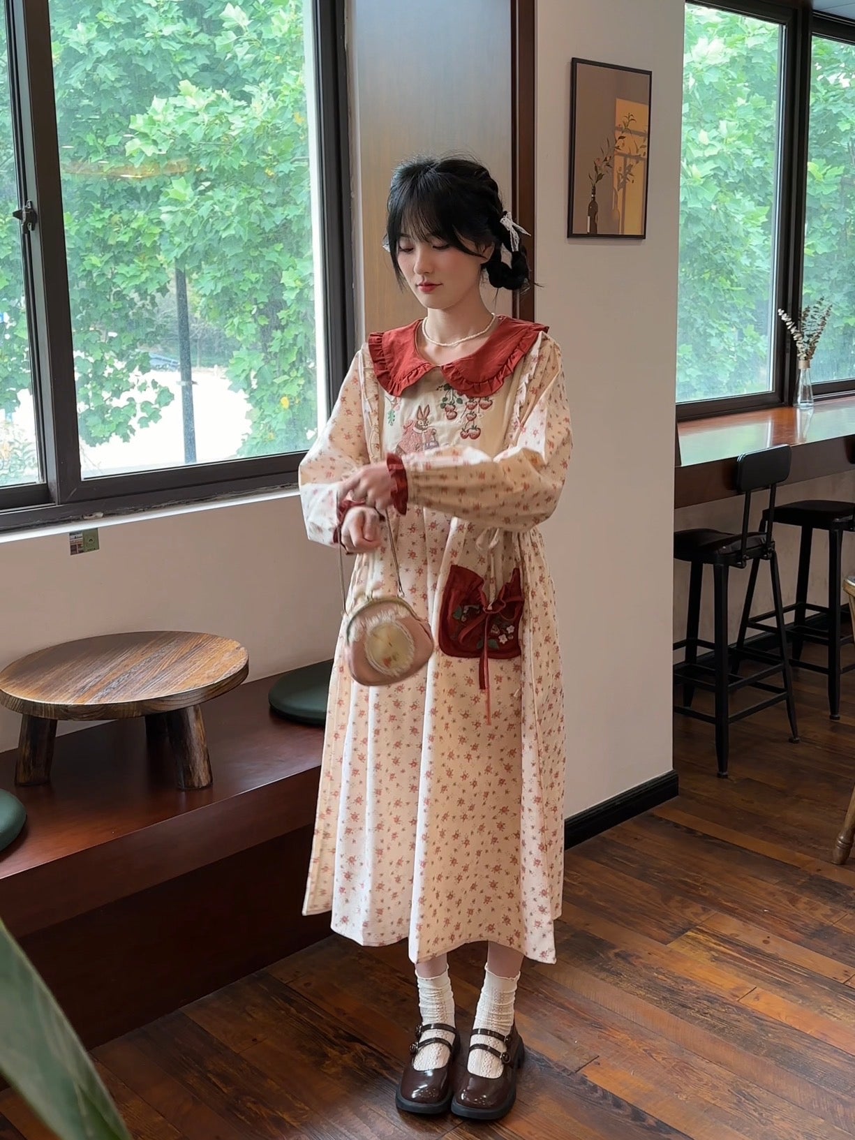 Rabbit's Strawberry Garden Cottagecore Goblincore Dress with Embroidery