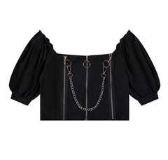 Chain And Zipper Puff Sleeves Cropped Top