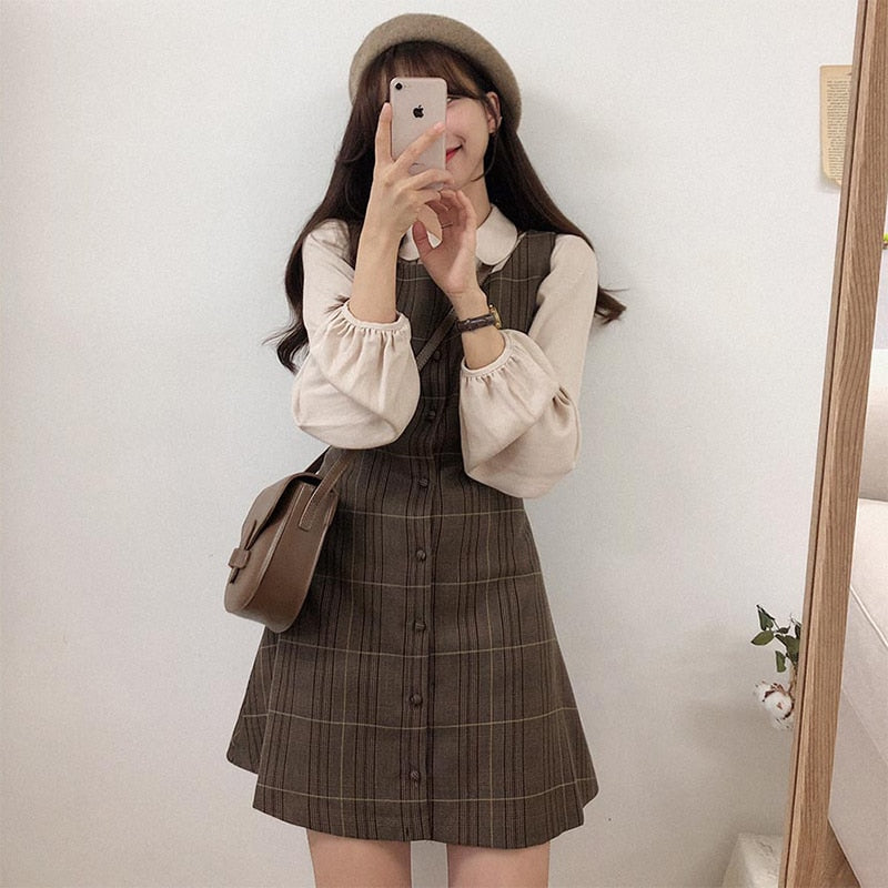 Cocoa Dust Plaid Vintage-Style Pinafore Mini Dress