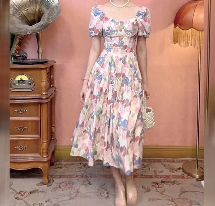 Dalila Floral Pearl Decorated Vintage-Inspired Dress