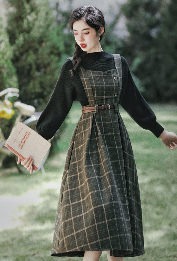 Conjunto de 2 piezas de vestido de lana a cuadros de la Academia oscura de Forest Witch