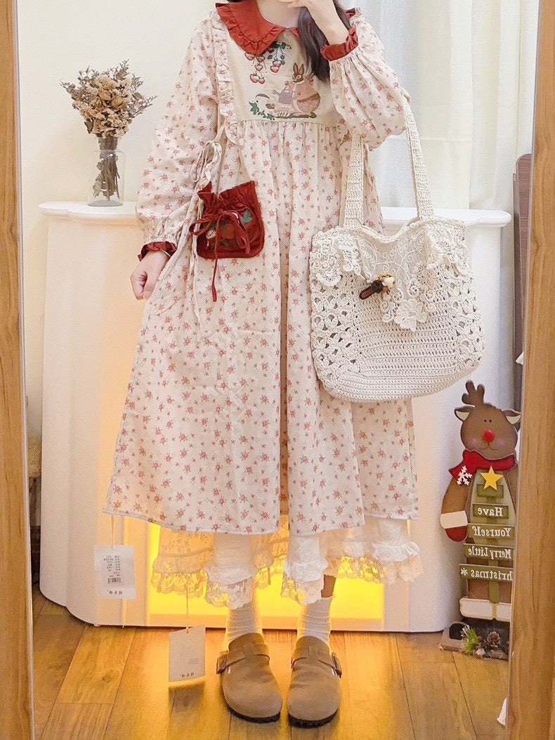 Rabbit's Strawberry Garden Cottagecore Goblincore Dress with Embroidery