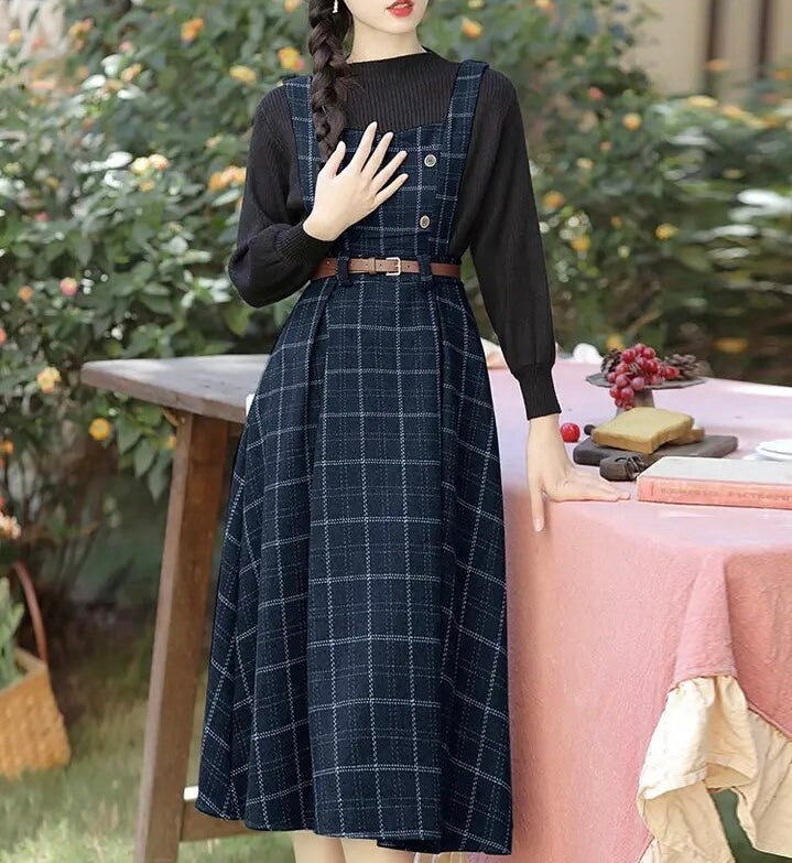 Conjunto de 2 piezas de vestido de lana a cuadros de la Academia oscura de Forest Witch