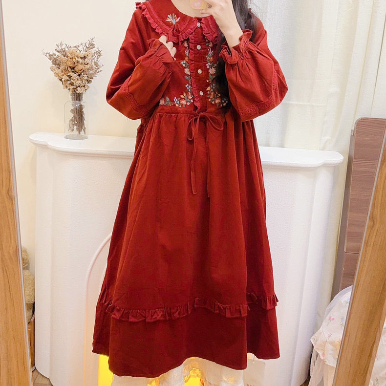 Foxy Fall Cottagecore Dress with Embroidery