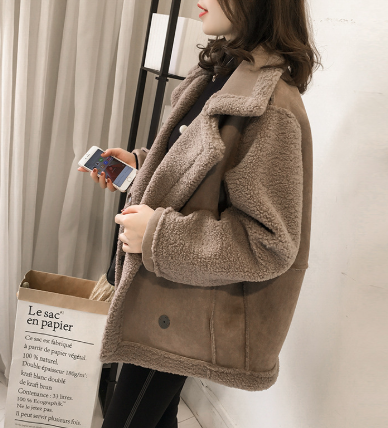Curly Fur Buttons Beige Black Brown Jacket