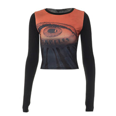 Dawn Eye Print Mesh Long Sleeve Aesthetic Top