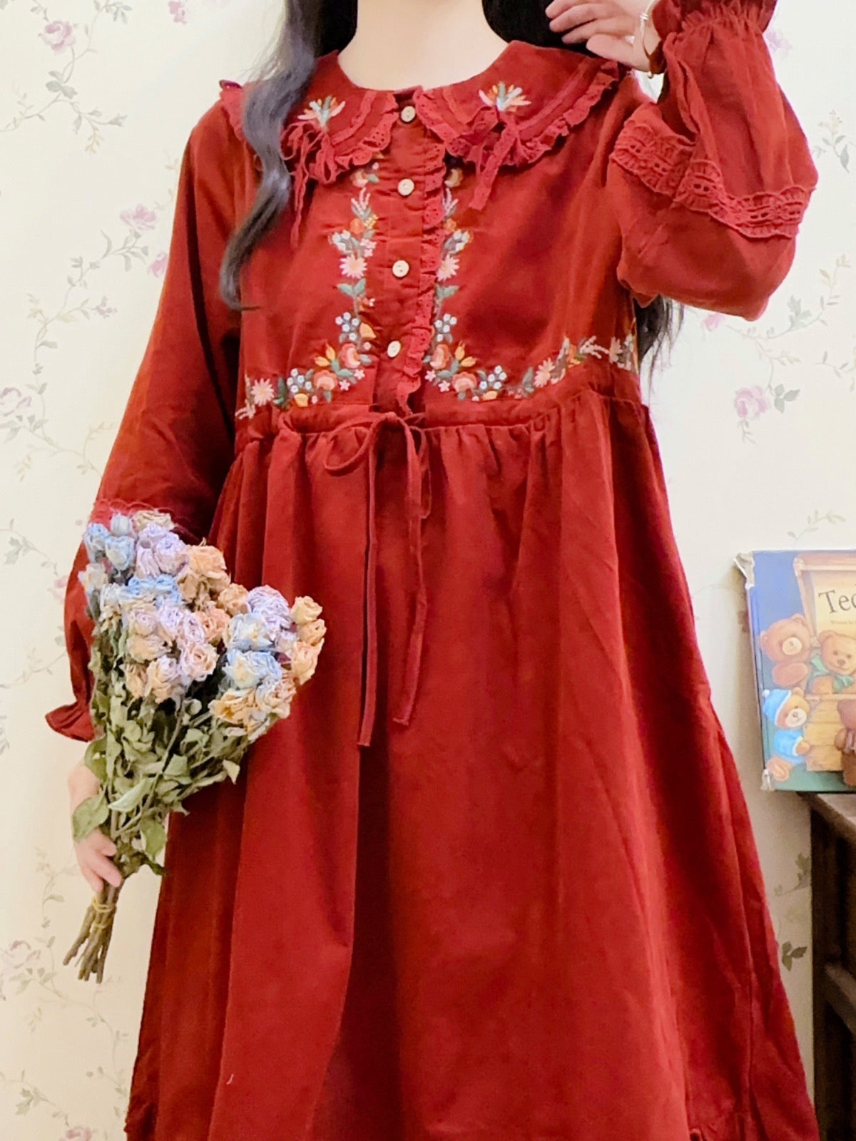 Foxy Fall Cottagecore Dress with Embroidery