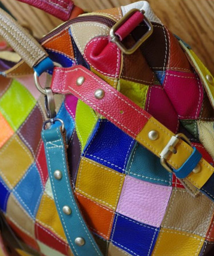 European And American Contrasting Plaid Patchwork Rivet Handbag