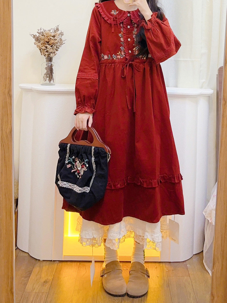 Foxy Fall Cottagecore Dress with Embroidery