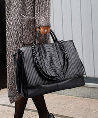 Black Chain Linked Patchwork Faux Leather Tote Handbag