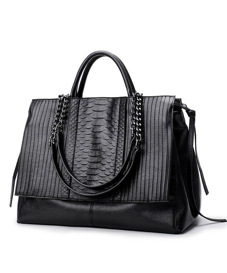 Black Chain Linked Patchwork Faux Leather Tote Handbag