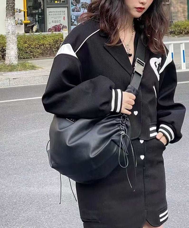 Black Faux Leather Drawstring Messenger Bag