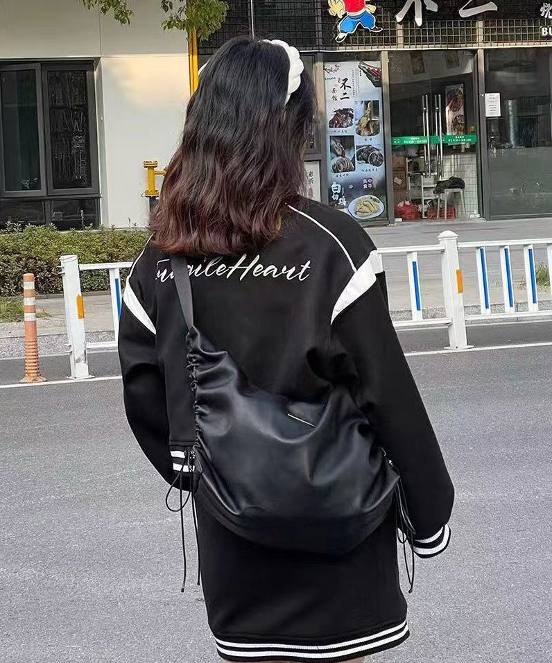 Black Faux Leather Drawstring Messenger Bag