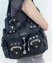 Black Rivet Faux Leather Satchel Handbag