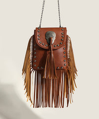 Brown Tasseled Rivet Faux Leather Messenger Bag
