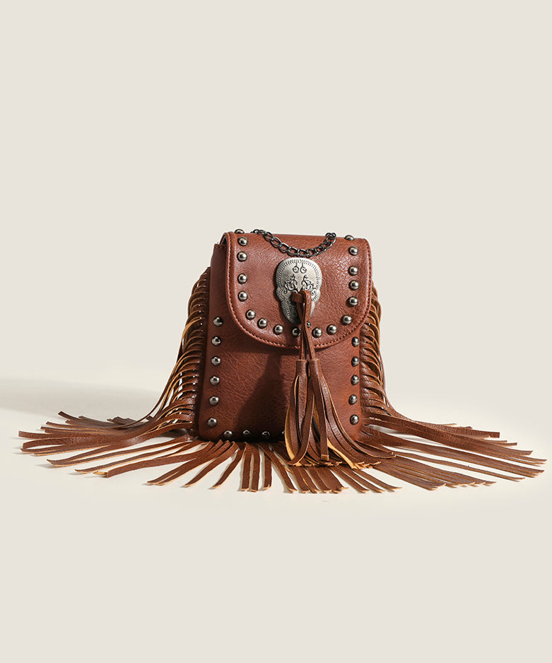 Brown Tasseled Rivet Faux Leather Messenger Bag
