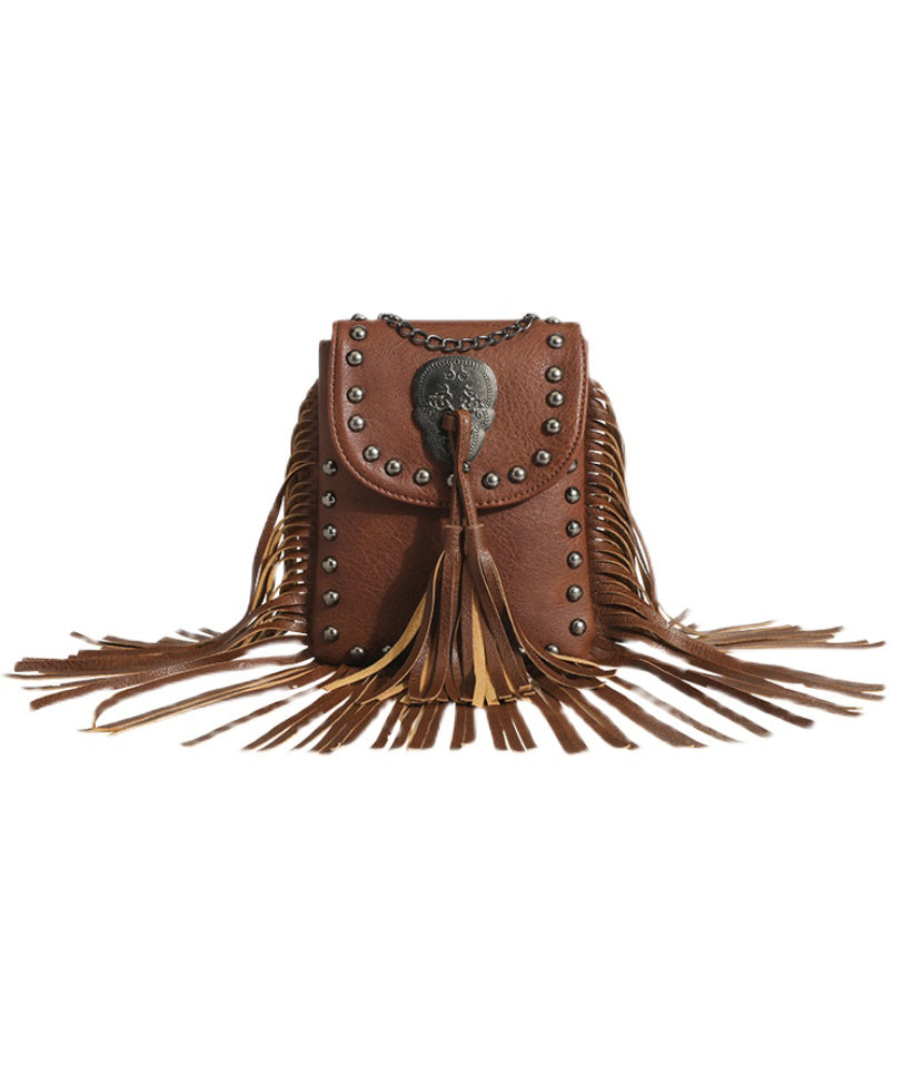 Brown Tasseled Rivet Faux Leather Messenger Bag