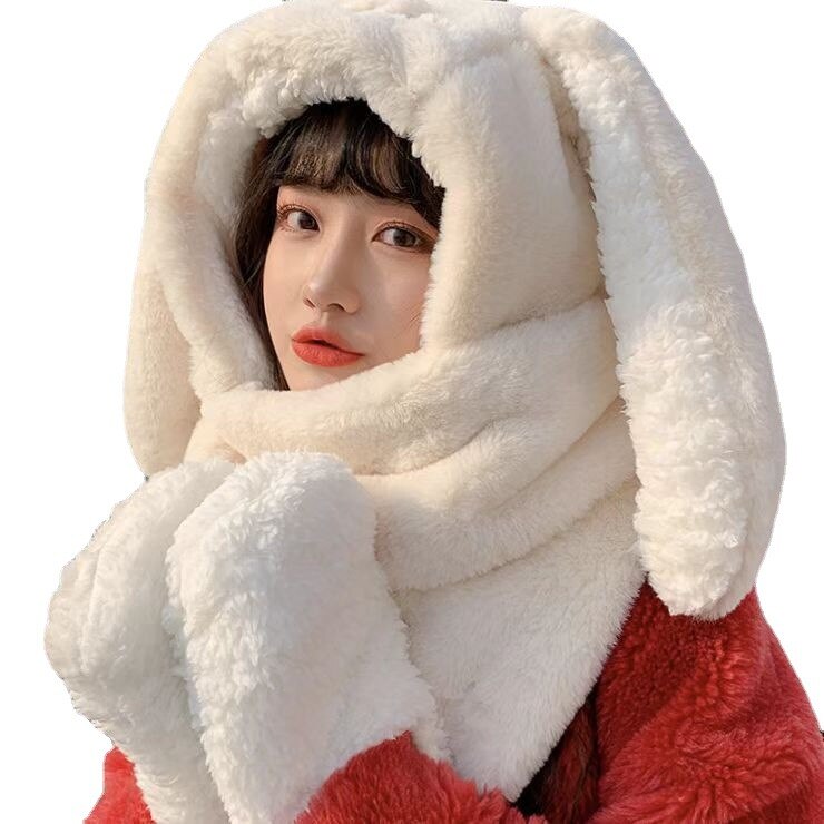 Fashion Scarf Hat Glove 3 Piece Women Plush Cute Big Ear Thicken Bunny Winter Warm Soft Thickening Pocket Hats Hooded Rabbit