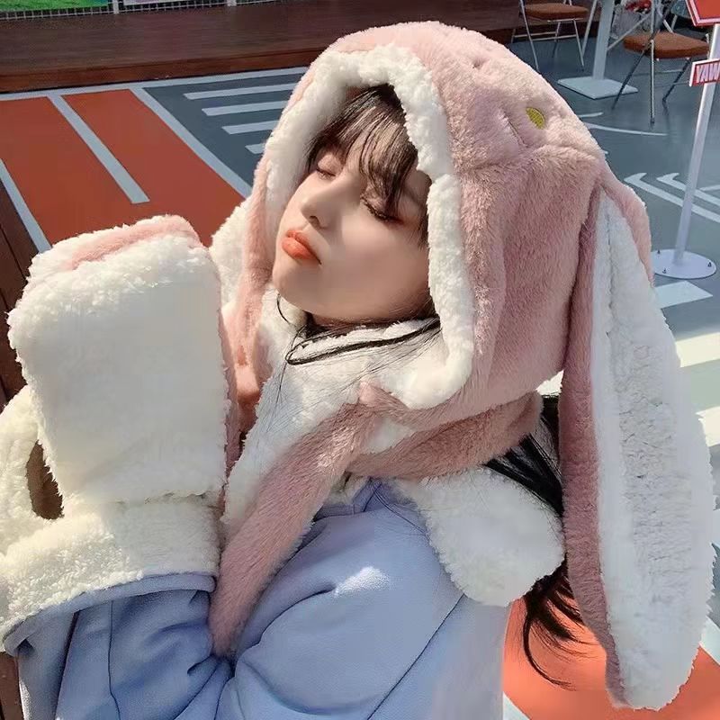 Fashion Scarf Hat Glove 3 Piece Women Plush Cute Big Ear Thicken Bunny Winter Warm Soft Thickening Pocket Hats Hooded Rabbit