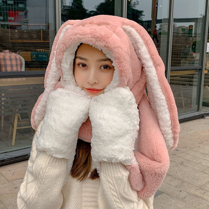 Fashion Scarf Hat Glove 3 Piece Women Plush Cute Big Ear Thicken Bunny Winter Warm Soft Thickening Pocket Hats Hooded Rabbit