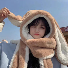 Fashion Scarf Hat Glove 3 Piece Women Plush Cute Big Ear Thicken Bunny Winter Warm Soft Thickening Pocket Hats Hooded Rabbit