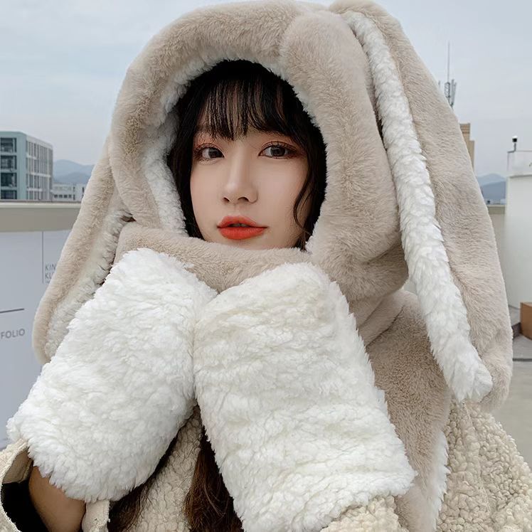 Fashion Scarf Hat Glove 3 Piece Women Plush Cute Big Ear Thicken Bunny Winter Warm Soft Thickening Pocket Hats Hooded Rabbit