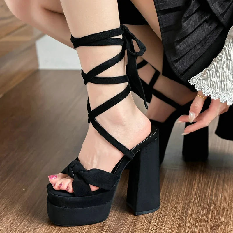 French Style Black Cross Strap Sandals