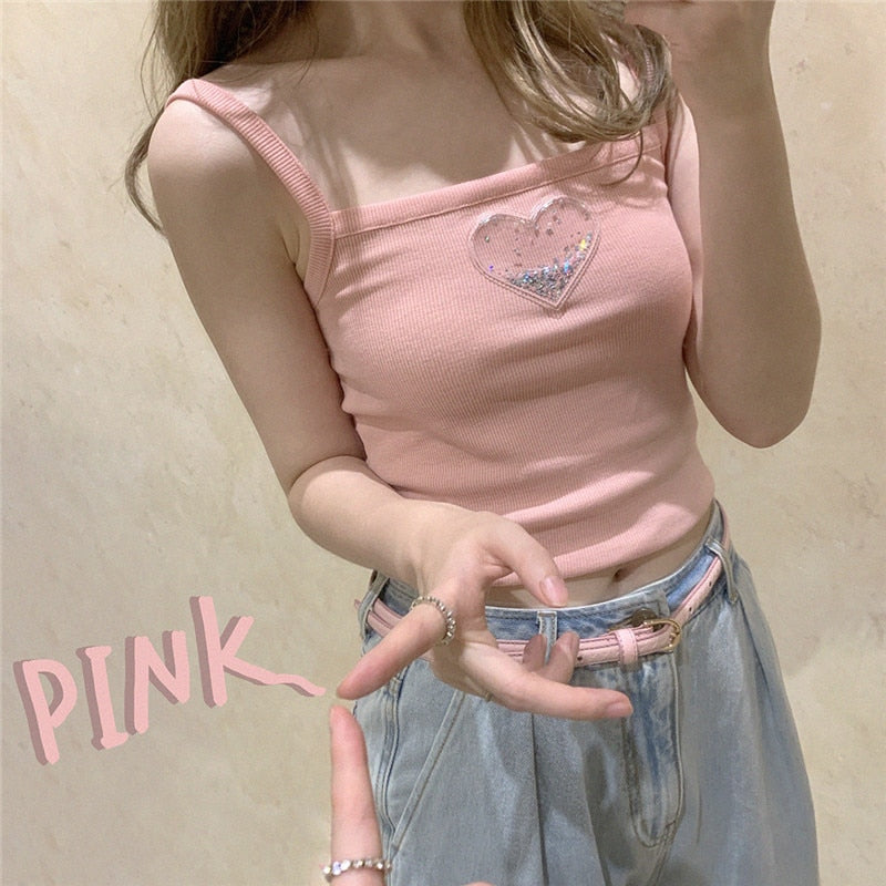 Glitter Heart Pink Pastel Kawaii Aesthetic Crop Top