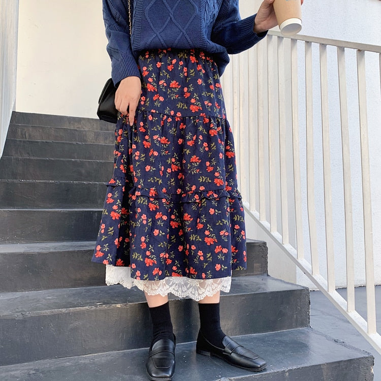 Floral Cottagecore Corduroy Skirt