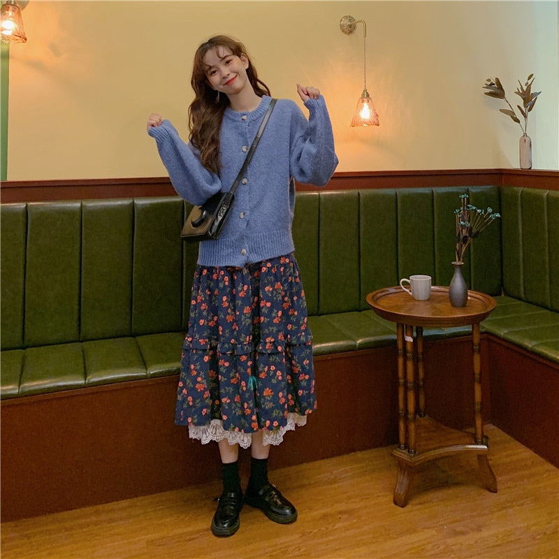 Floral Cottagecore Corduroy Skirt