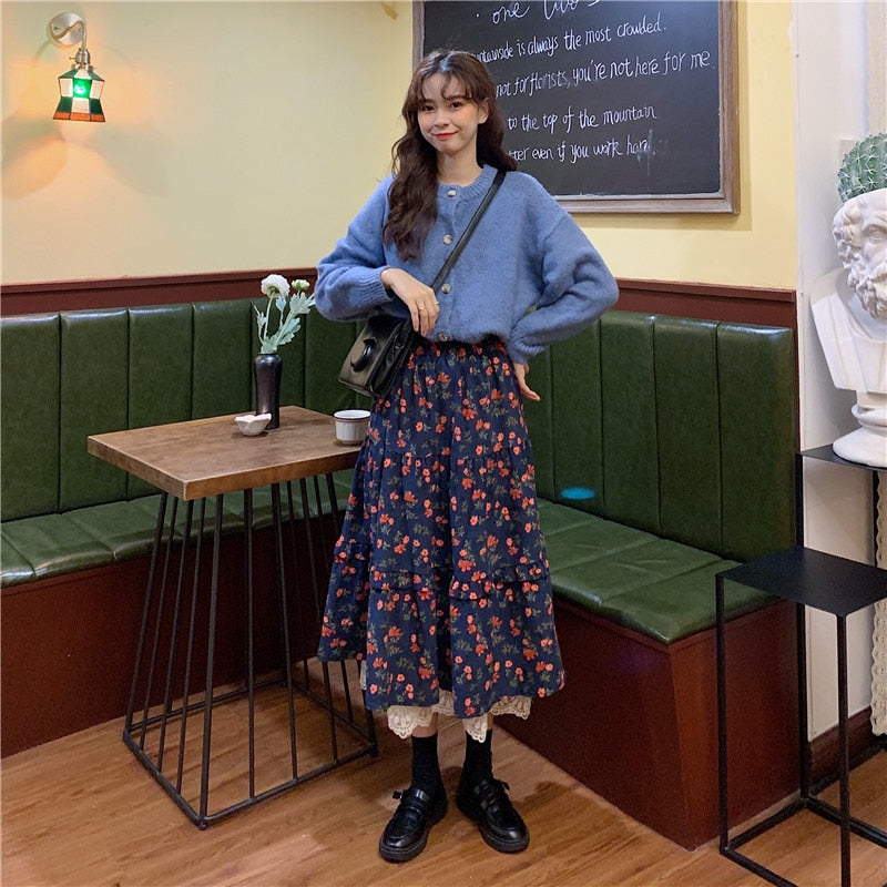 Floral Cottagecore Corduroy Skirt