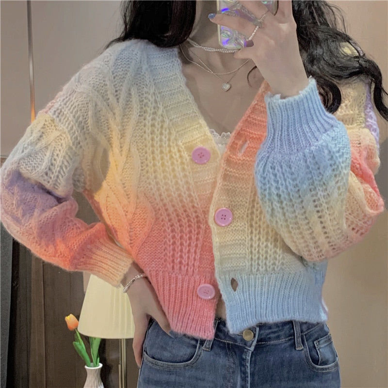 Pastel Rainbow Cropped Sweater Cardigan