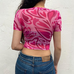 Fuchsia Heart Printed Mesh Top