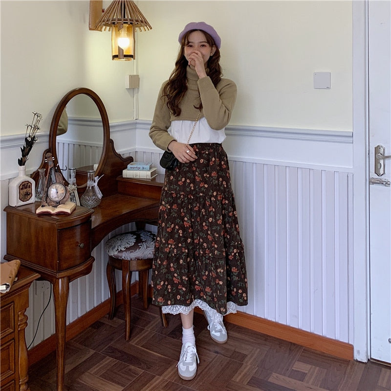 Floral Cottagecore Corduroy Skirt