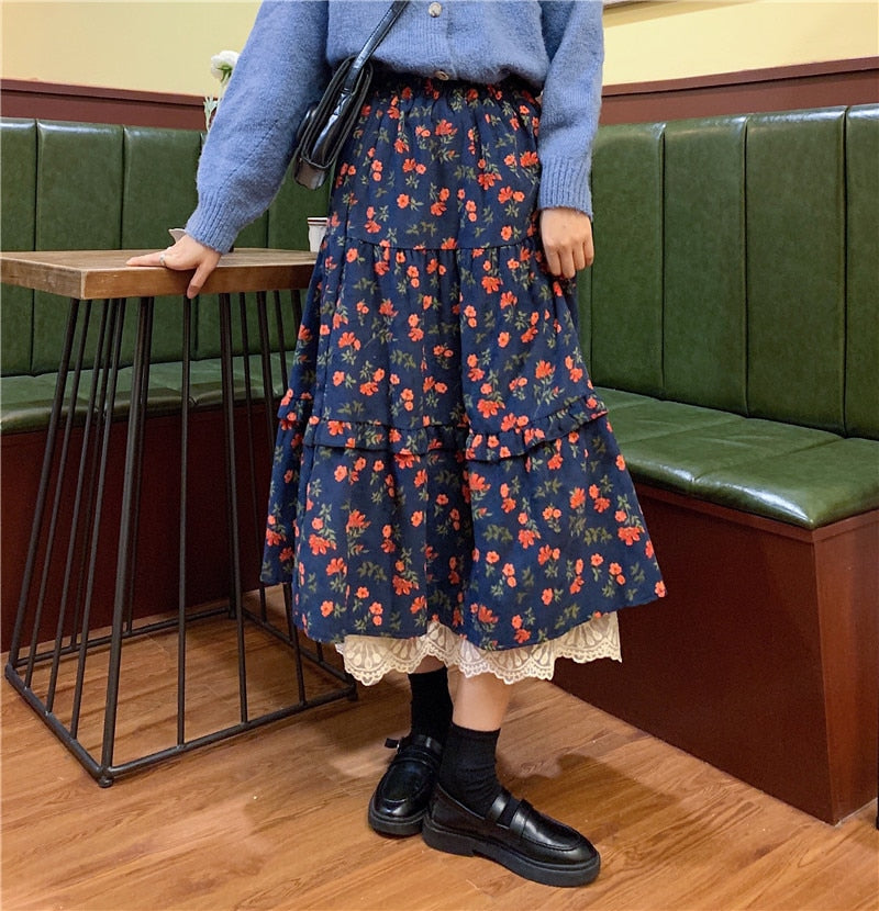 Floral Cottagecore Corduroy Skirt
