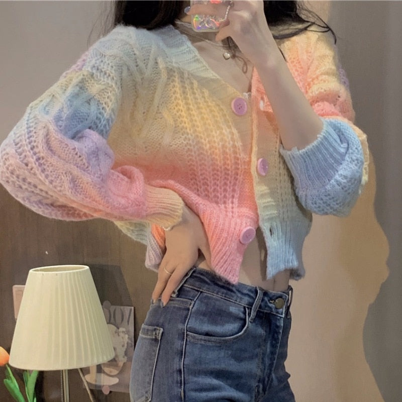 Pastel Rainbow Cropped Sweater Cardigan