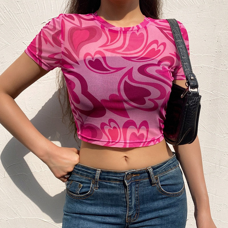 Fuchsia Heart Printed Mesh Top