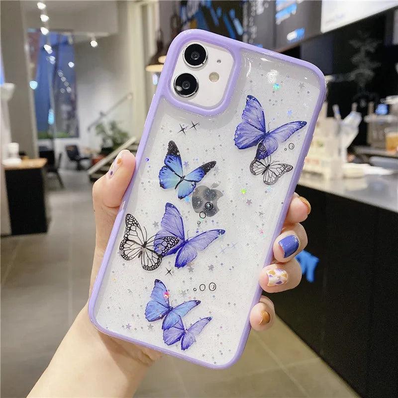 Cute Laser Card Butterfly Phone Case for iPhone 15 14 12 13 11 Pro Max XS Max XR 7 8 Plus Pink Purple Glitter Soft Clear TPU Cover