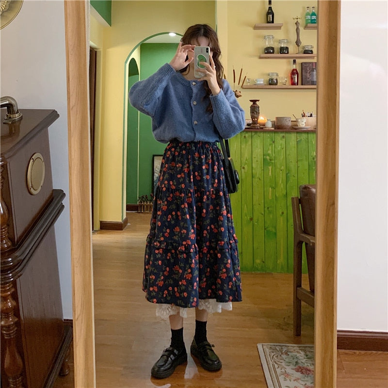 Floral Cottagecore Corduroy Skirt