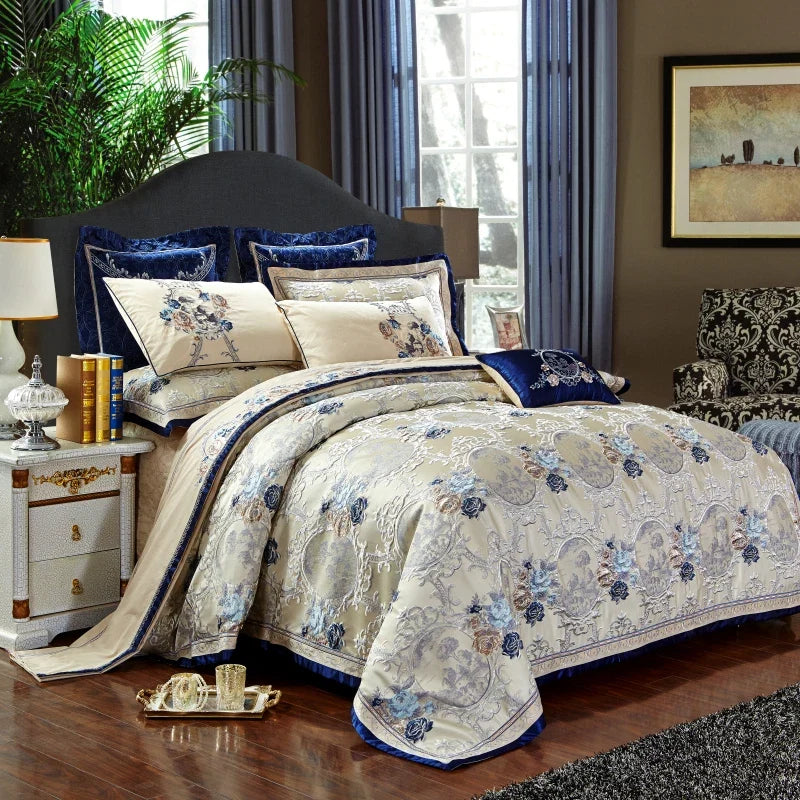 4/6/10Pcs Blue Jacquard Luxury Bedding Set