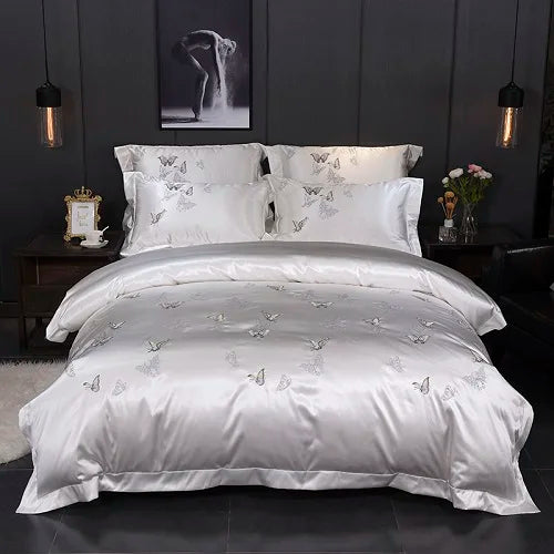 White Silver Silk Cotton Luxury Butterfly Bedding Set