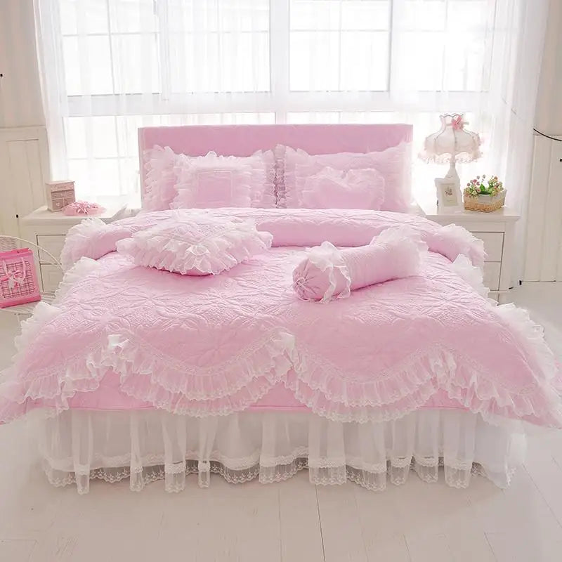 Quilted Cotton Thick Duvet Cover Lace Light Purple Blue Pink Princess Bedding Set