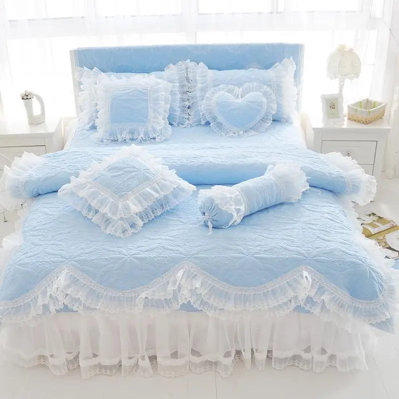 Quilted Cotton Thick Duvet Cover Lace Light Purple Blue Pink Princess Bedding Set
