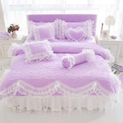 Quilted Cotton Thick Duvet Cover Lace Light Purple Blue Pink Princess Bedding Set