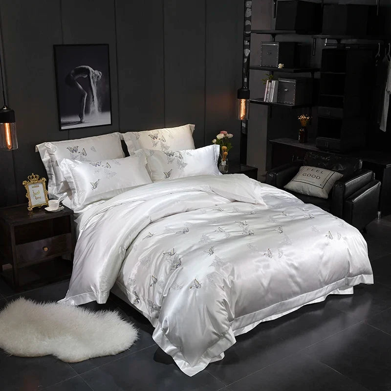 White Silver Silk Cotton Luxury Butterfly Bedding Set