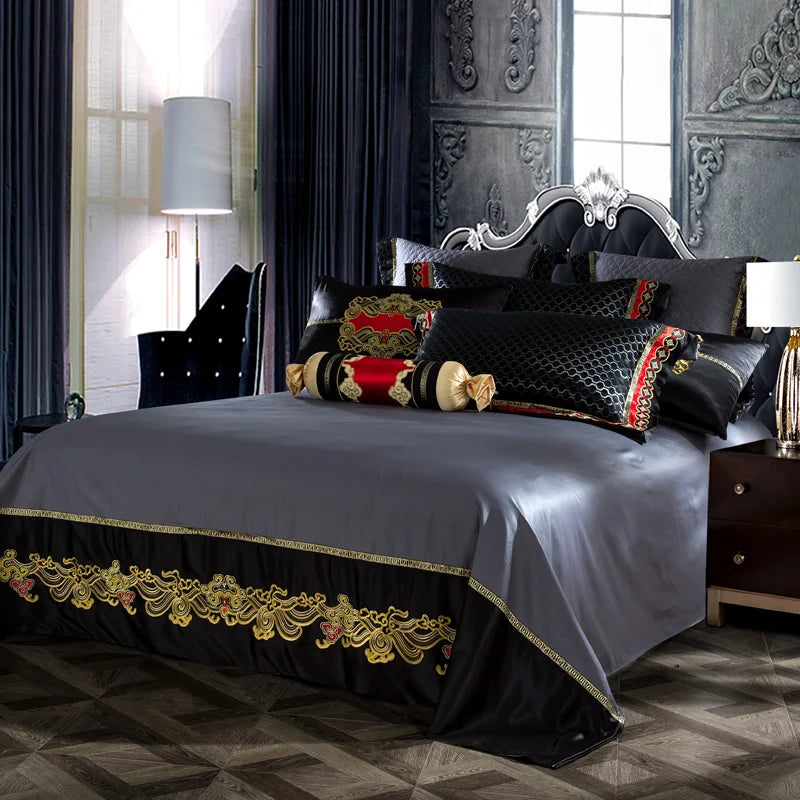 Blue Black Silk Satin Luxury Royal Bedding Set