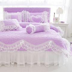 Quilted Cotton Thick Duvet Cover Lace Light Purple Blue Pink Princess Bedding Set