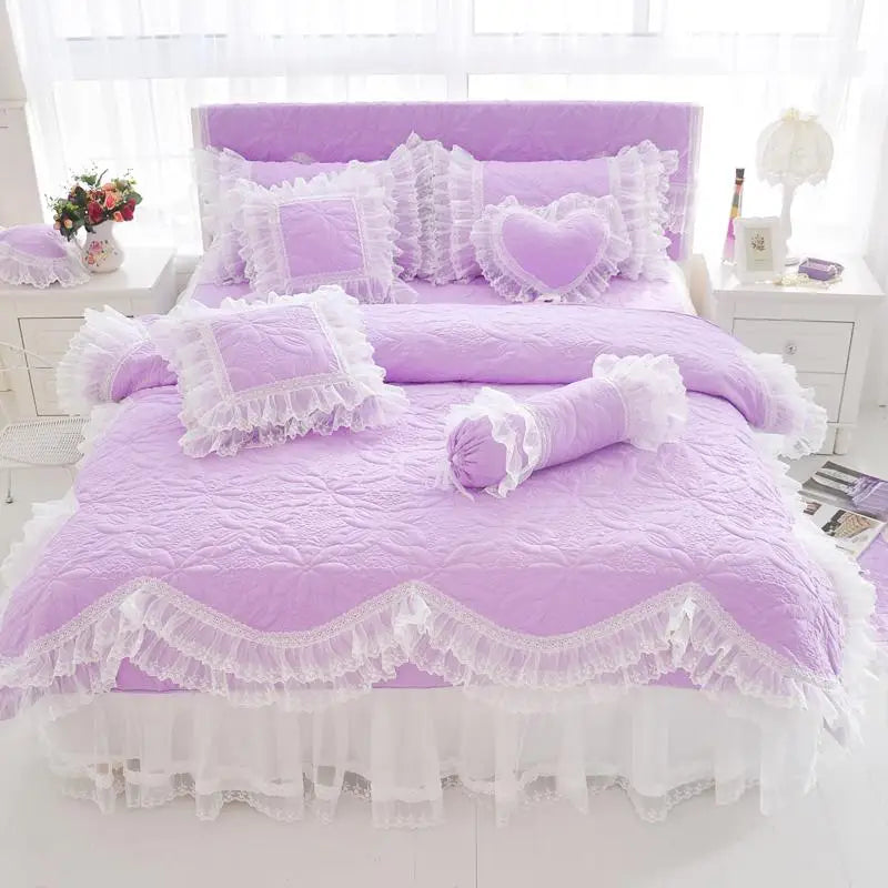 Quilted Cotton Thick Duvet Cover Lace Light Purple Blue Pink Princess Bedding Set