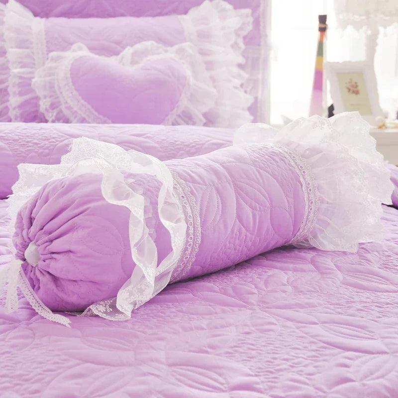 Quilted Cotton Thick Duvet Cover Lace Light Purple Blue Pink Princess Bedding Set
